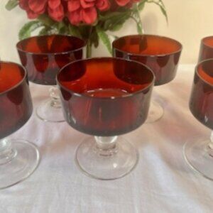 Vintage French Luminarc Ruby Red Stemmed Dessert or Wine‎ Glasses Goblets